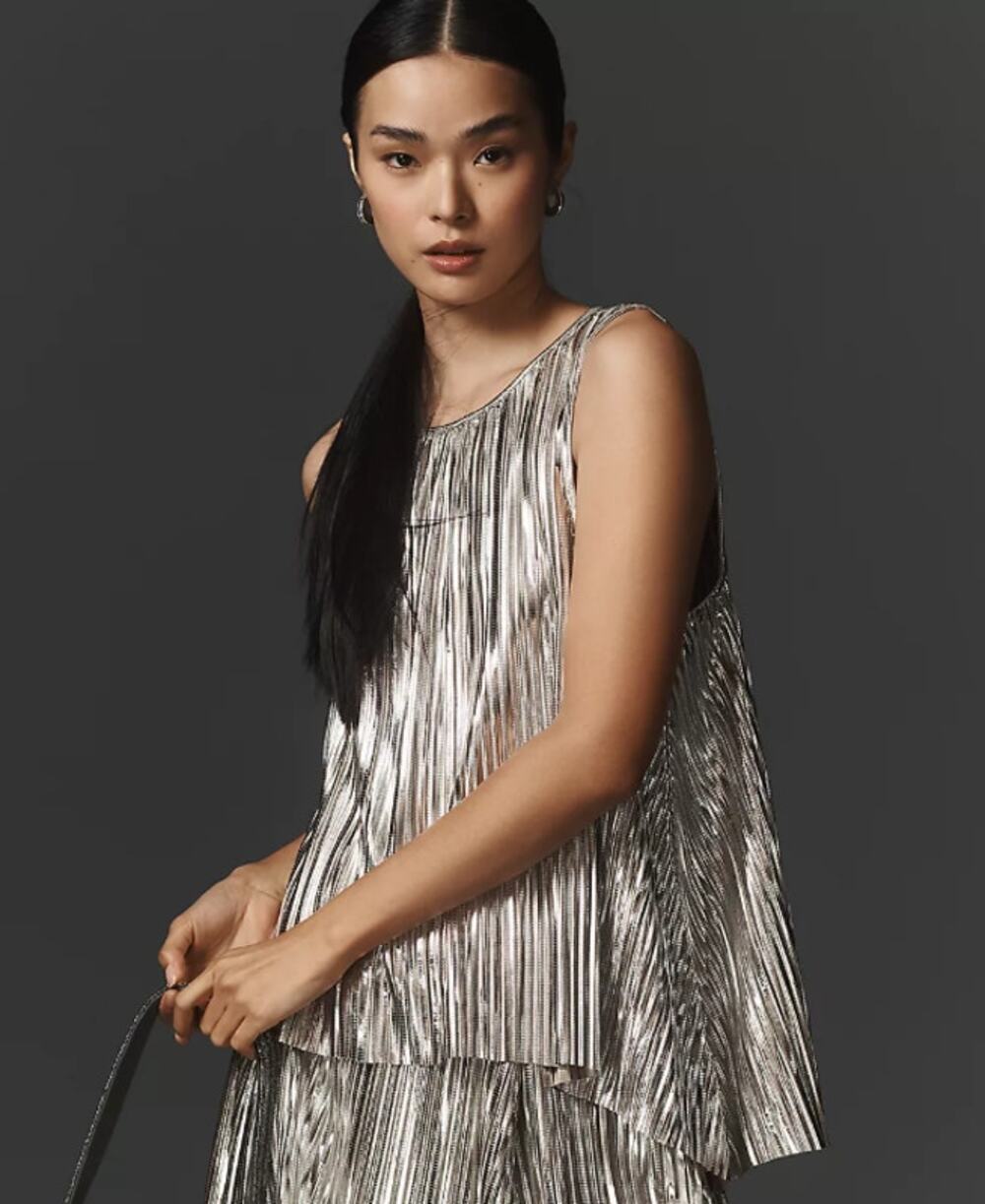 Anthropologie Pleated Silver Metallic Sleeveless Blouse Party Women's Medium